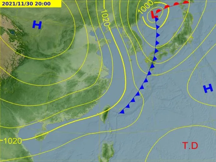 明天台灣東方有鋒面襲來。（圖／中央氣象局）
